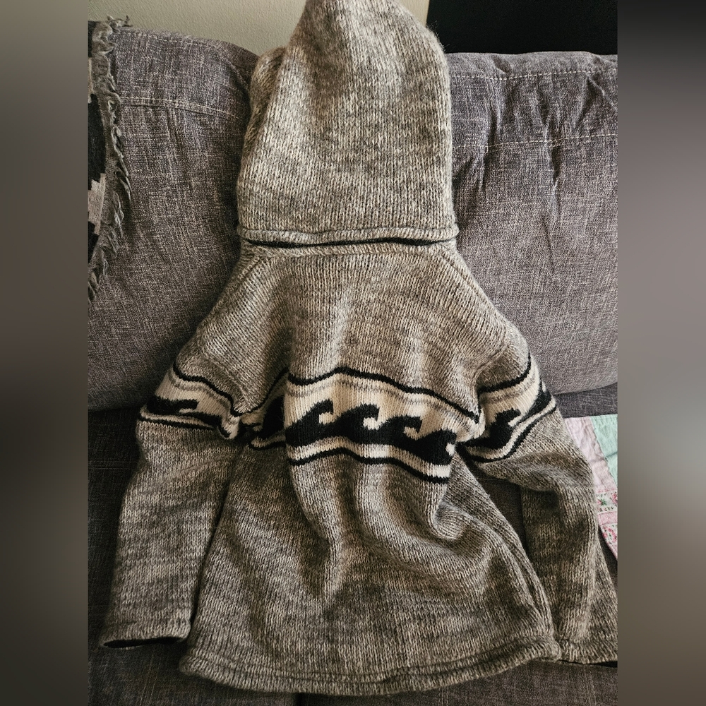 Cowichan 100% Wool Gray Hooded Sweater with Wave. 21 Ptp. Vintage - Picture 4 of 8